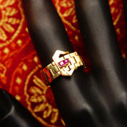 Vintage 14K Yellow Gold Ruby Accent Belt Ring, 6mm Articulated Gold Link Ring Band, Jeweled Belt Buckle, Emerald Cut Stones, Size 6 3/4 US
