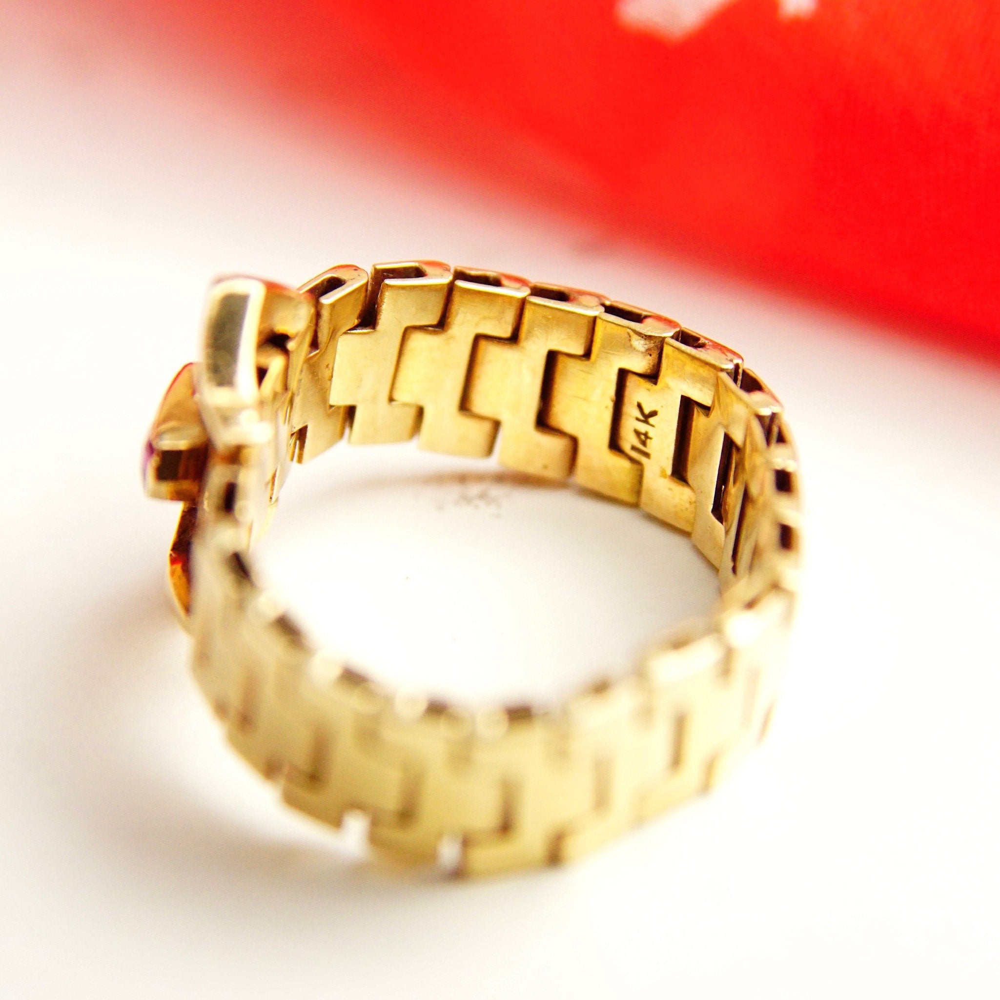 Vintage 14K Yellow Gold Ruby Accent Belt Ring, 6mm Articulated Gold Link Ring Band, Jeweled Belt Buckle, Emerald Cut Stones, Size 6 3/4 US