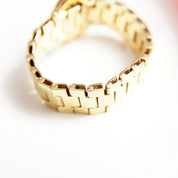 Vintage 14K Yellow Gold Ruby Accent Belt Ring, 6mm Articulated Gold Link Ring Band, Jeweled Belt Buckle, Emerald Cut Stones, Size 6 3/4 US