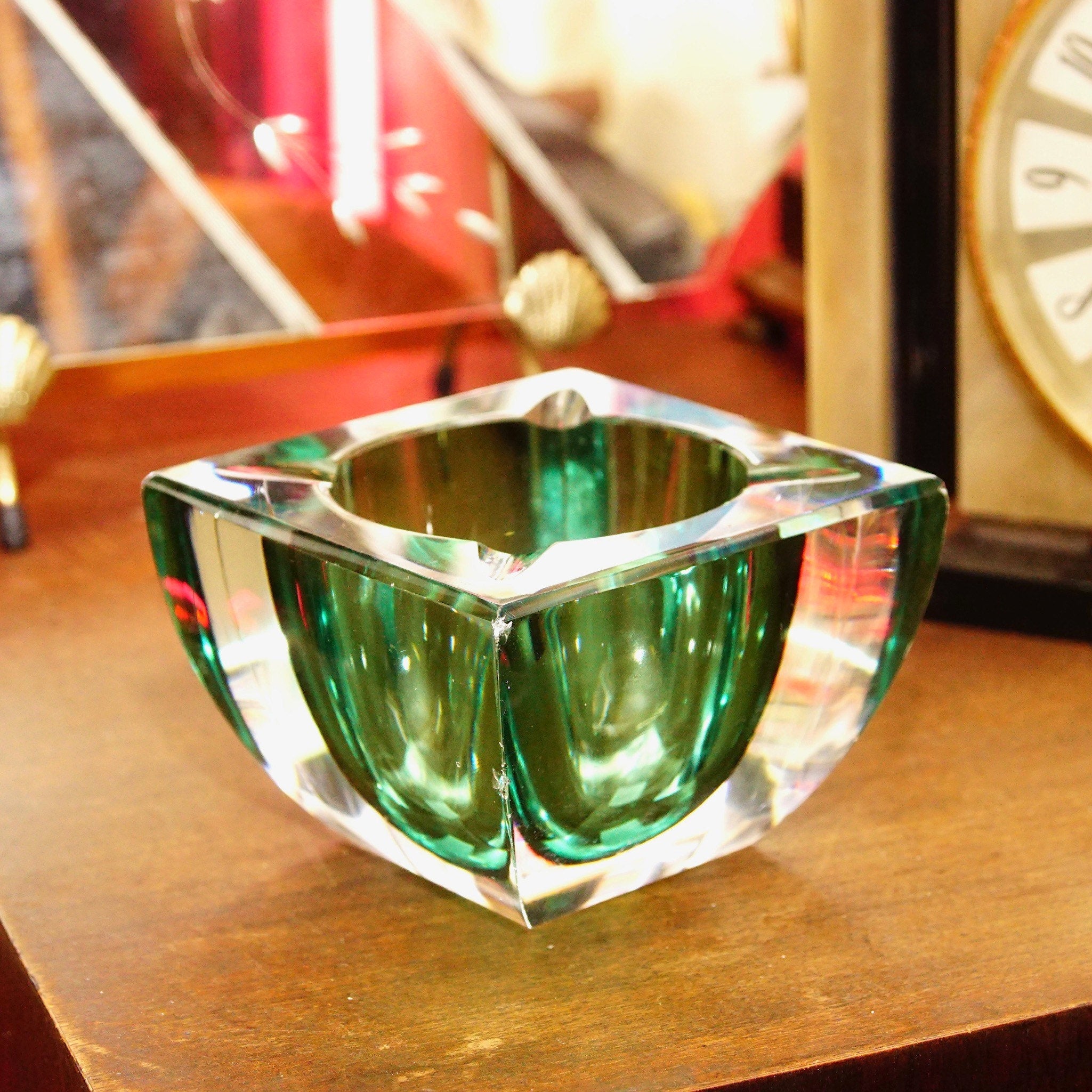 Vintage Mid Century Modern Green & Clear Glass Ashtray, Thick Square Top Art Glass Ashtray, Modern Home Decor,