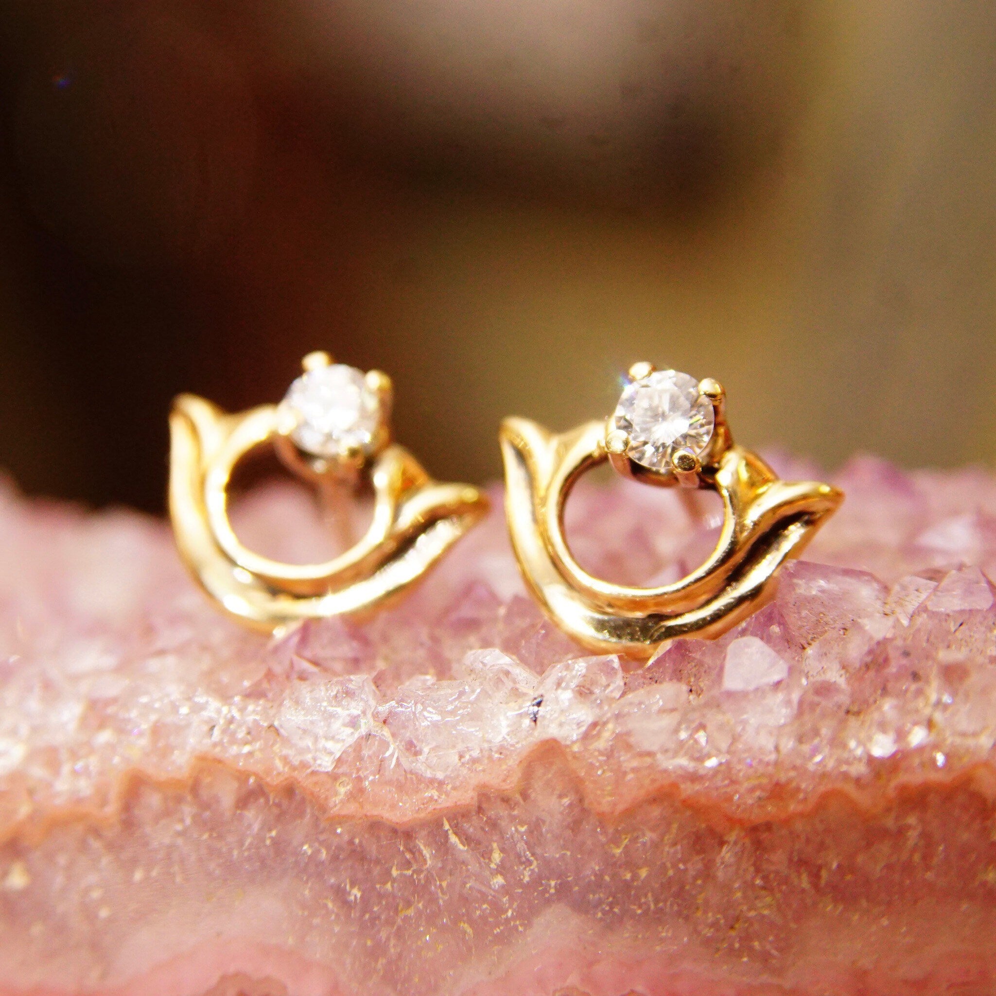 Vintage Embellished 14K Gold Brilliant Diamond Stud Earrings, .17CT Prong-Set Diamond, Yellow Gold Half-Circle Accent, Elegant 585 Studs