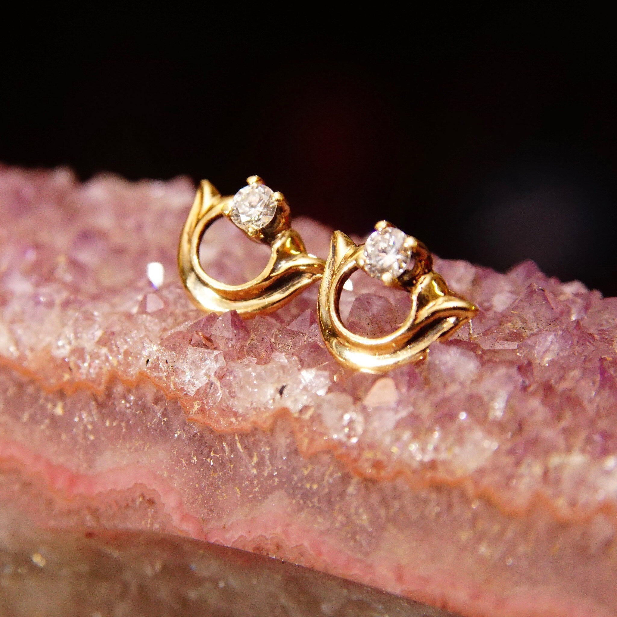 Vintage Embellished 14K Gold Brilliant Diamond Stud Earrings, .17CT Prong-Set Diamond, Yellow Gold Half-Circle Accent, Elegant 585 Studs