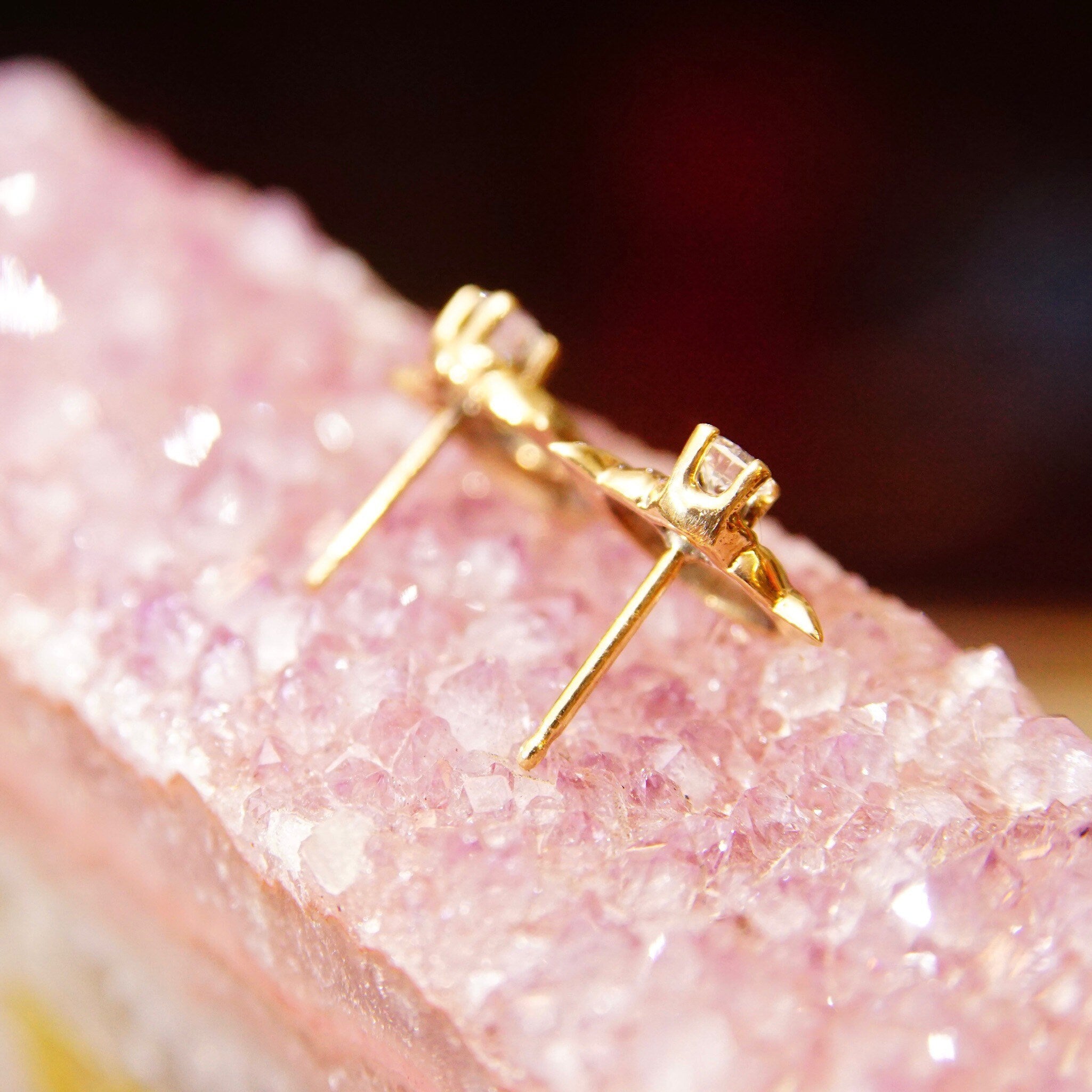 Vintage Embellished 14K Gold Brilliant Diamond Stud Earrings, .17CT Prong-Set Diamond, Yellow Gold Half-Circle Accent, Elegant 585 Studs