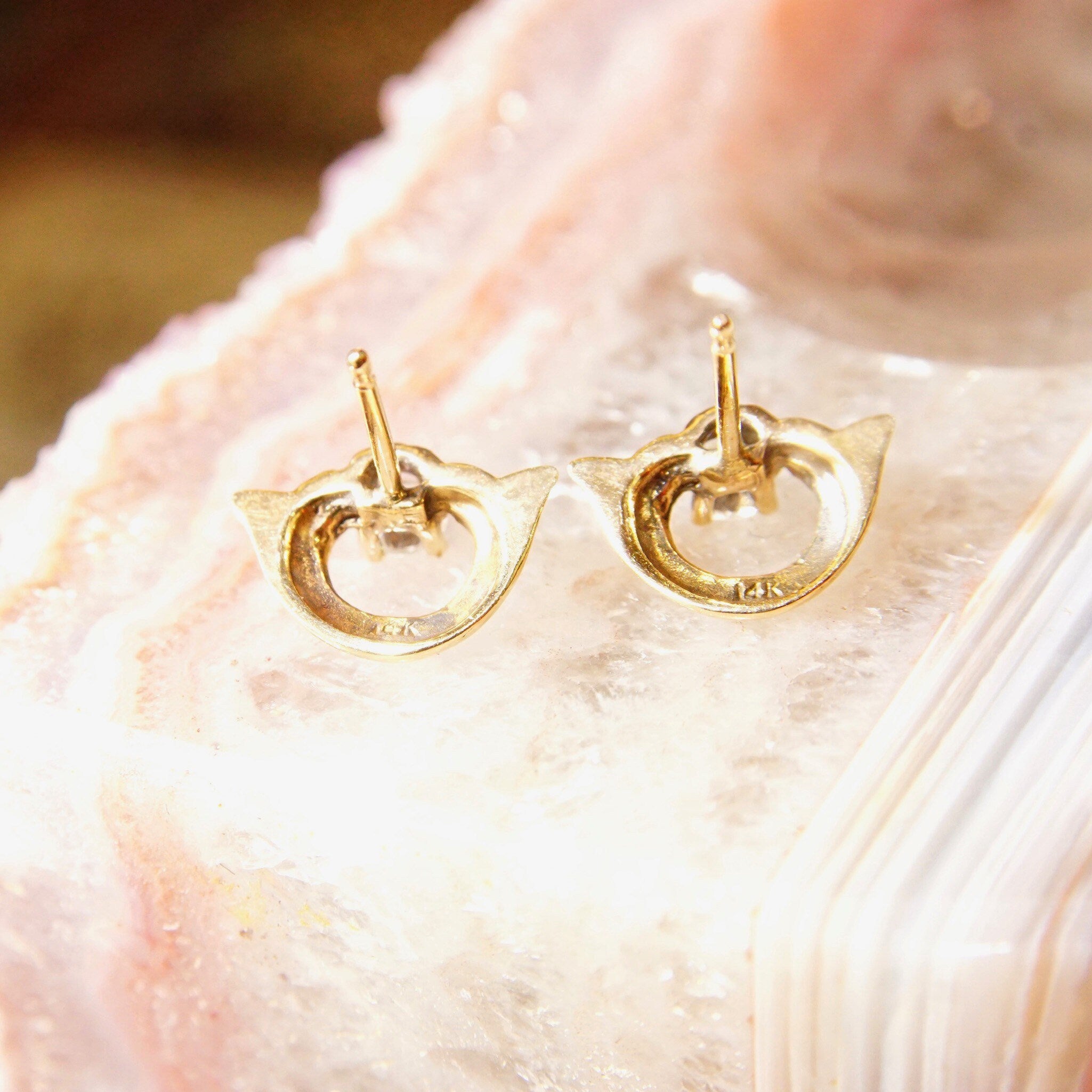 Vintage Embellished 14K Gold Brilliant Diamond Stud Earrings, .17CT Prong-Set Diamond, Yellow Gold Half-Circle Accent, Elegant 585 Studs