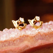 Vintage Embellished 14K Gold Brilliant Diamond Stud Earrings, .17CT Prong-Set Diamond, Yellow Gold Half-Circle Accent, Elegant 585 Studs