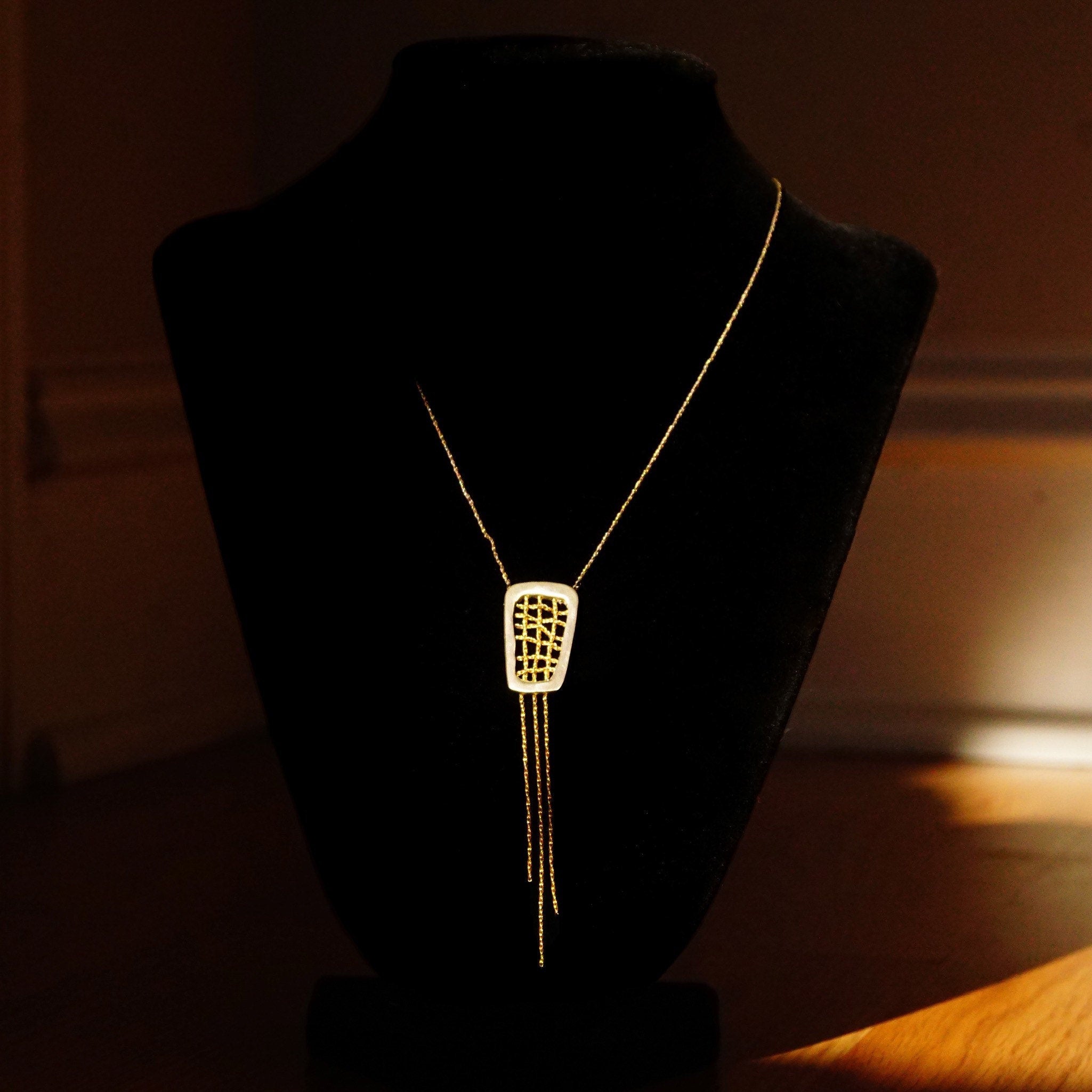 Vintage Abstract Modernist Sterling Silver Gold Wire Tassel Pendant Necklace, 16 1/2" L