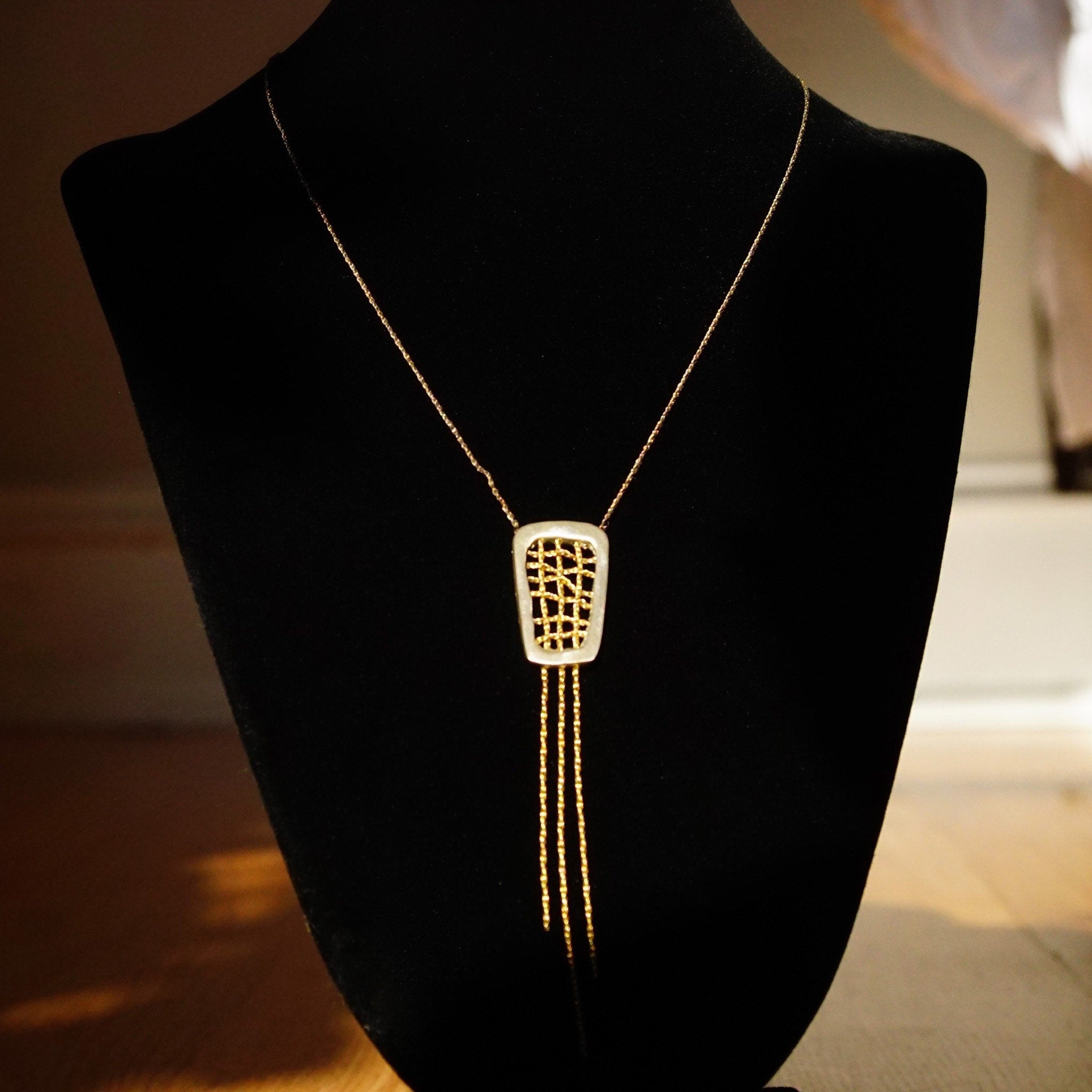 Vintage Abstract Modernist Sterling Silver Gold Wire Tassel Pendant Necklace, 16 1/2" L