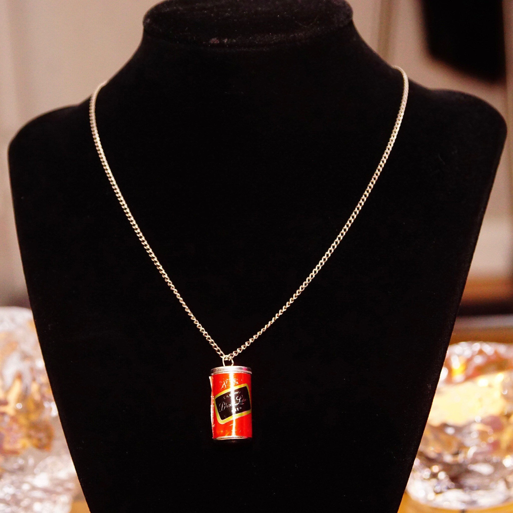 Vintage Carling Black Label Beer Can Pendant Necklace, Steel Pull Tab Beer Can Charm, 2mm Curb Chain Choker, Fun/Cute Accessories, 16" L