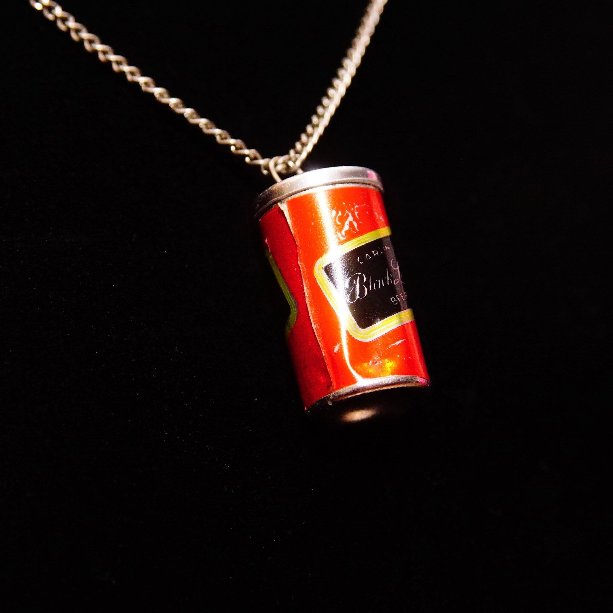 Vintage Carling Black Label Beer Can Pendant Necklace, Steel Pull Tab Beer Can Charm, 2mm Curb Chain Choker, Fun/Cute Accessories, 16" L