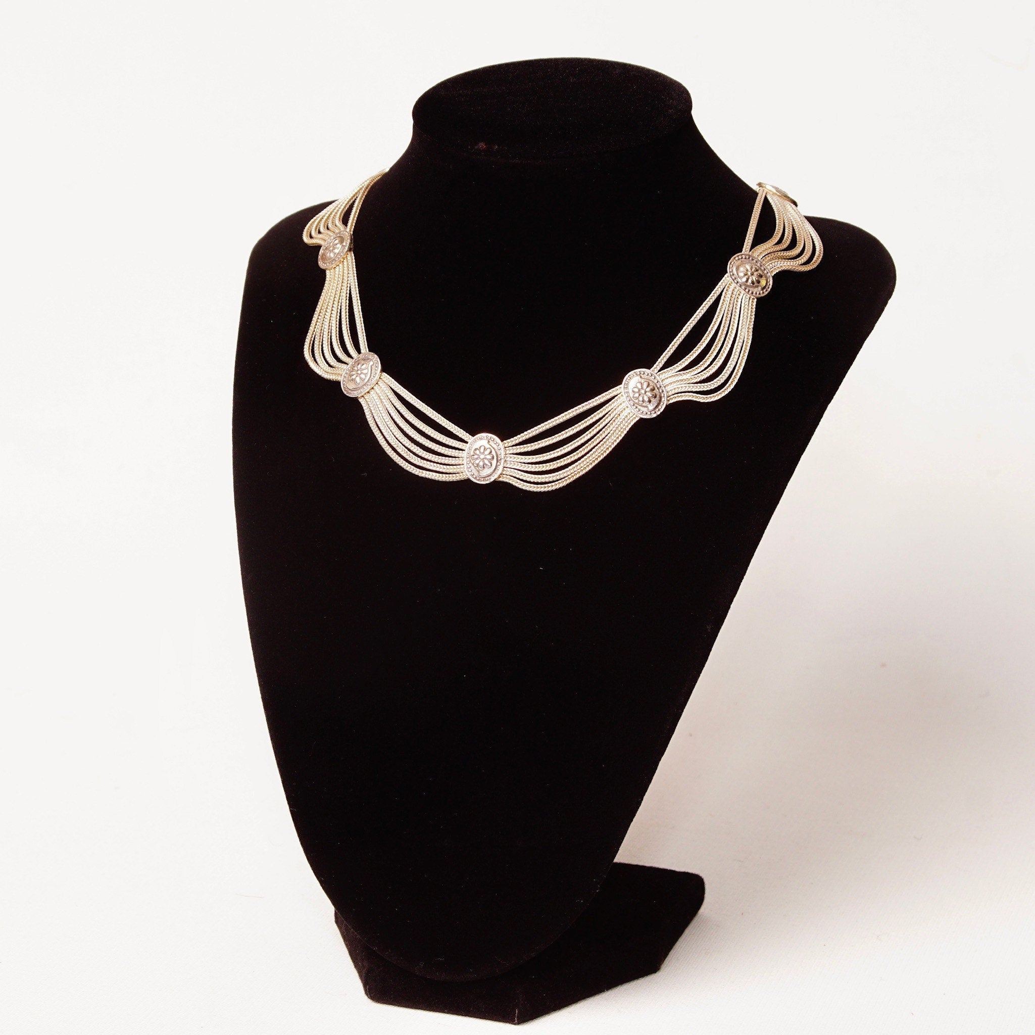 Vintage 900 Silver Festoon Necklace, 6-Strand Foxtail Chain Station Necklace, Floral Link Embellishments, Statement Necklace, 16 1/2" Long