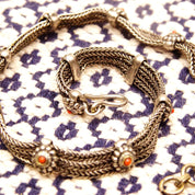 Vintage Three-Strand Medallion Clamp Choker Necklace, Oxidized Silver Foxtail Chains, Red Enamel Accents, Hook Clasp, Turkish Style, 15 1/2"