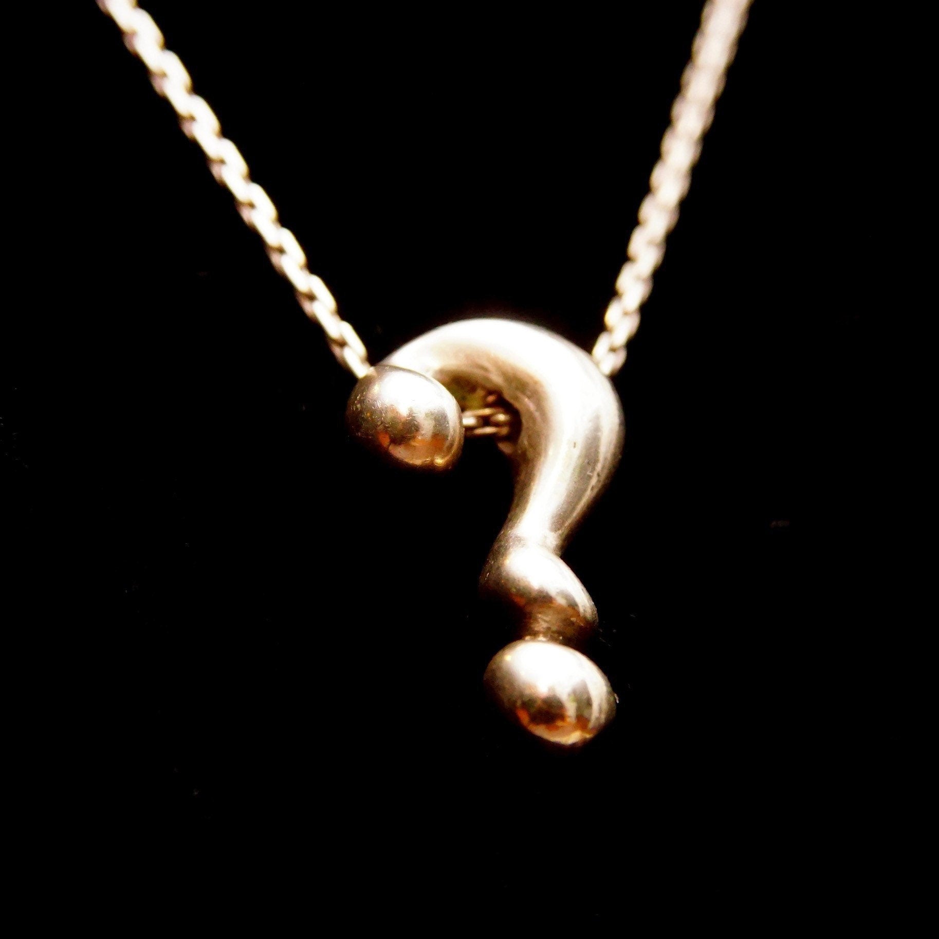 Vintage MINAS 925 Question Mark Necklace, Polished Sterling Silver Question Symbol Pendant, 1mm Boston Link Chain, Cute Choker, 16 1/4" L