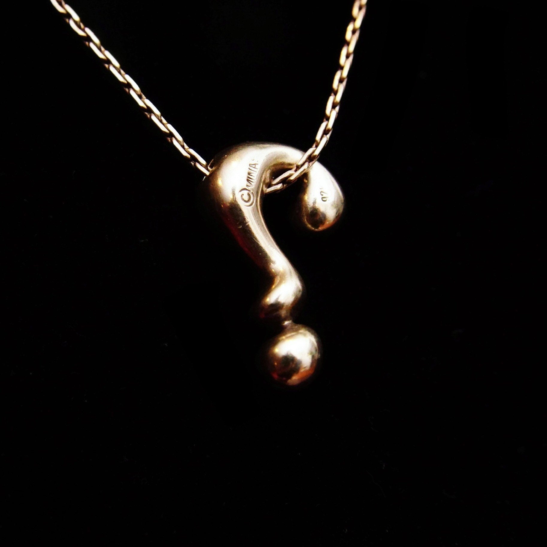 Vintage MINAS 925 Question Mark Necklace, Polished Sterling Silver Question Symbol Pendant, 1mm Boston Link Chain, Cute Choker, 16 1/4" L