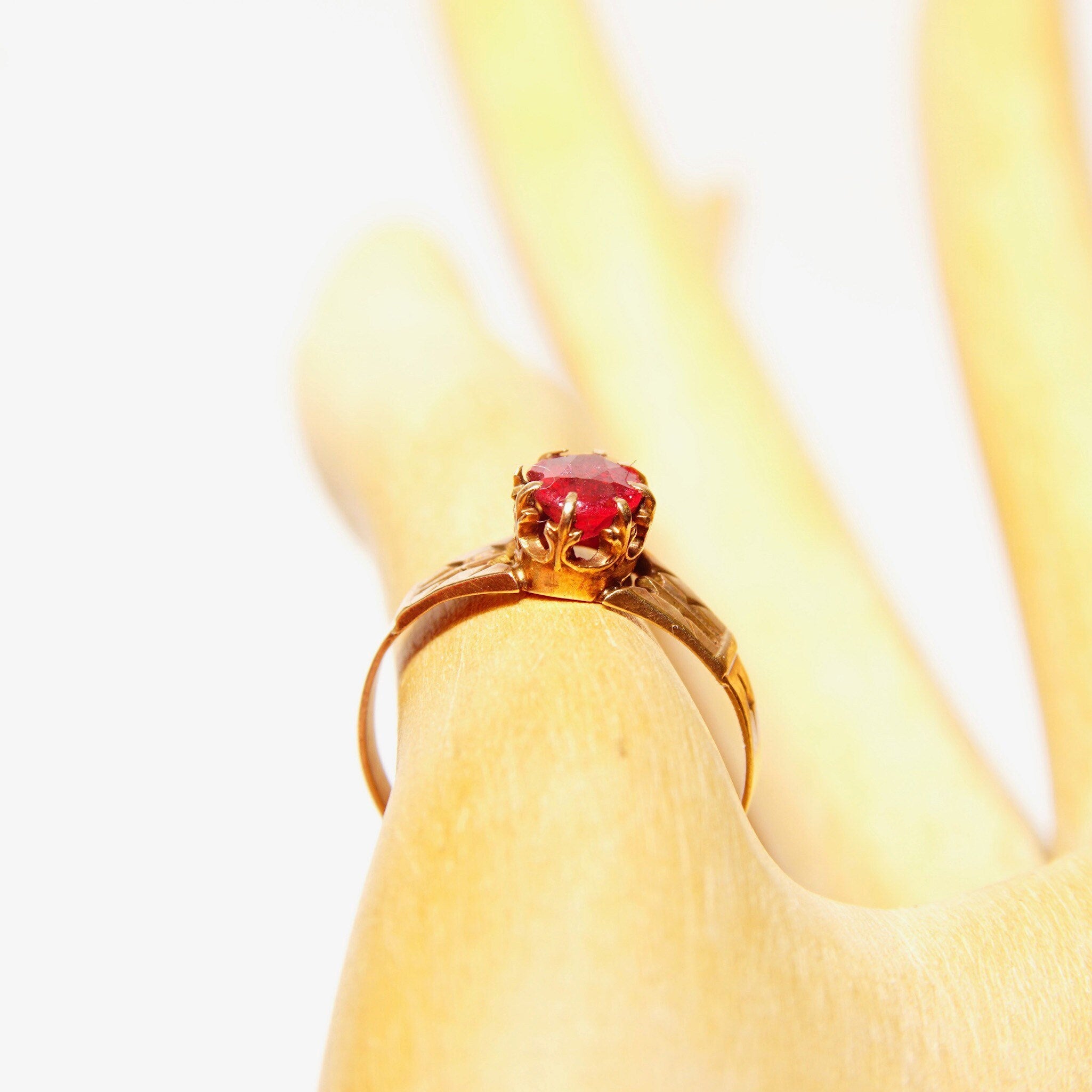Antique 14K Gold Ruby Solitaire Ring, Hand Engraved Yellow Gold Band, Ornate Crown Prong Setting, Oval Cut Gemstone, Size 3 3/4 US