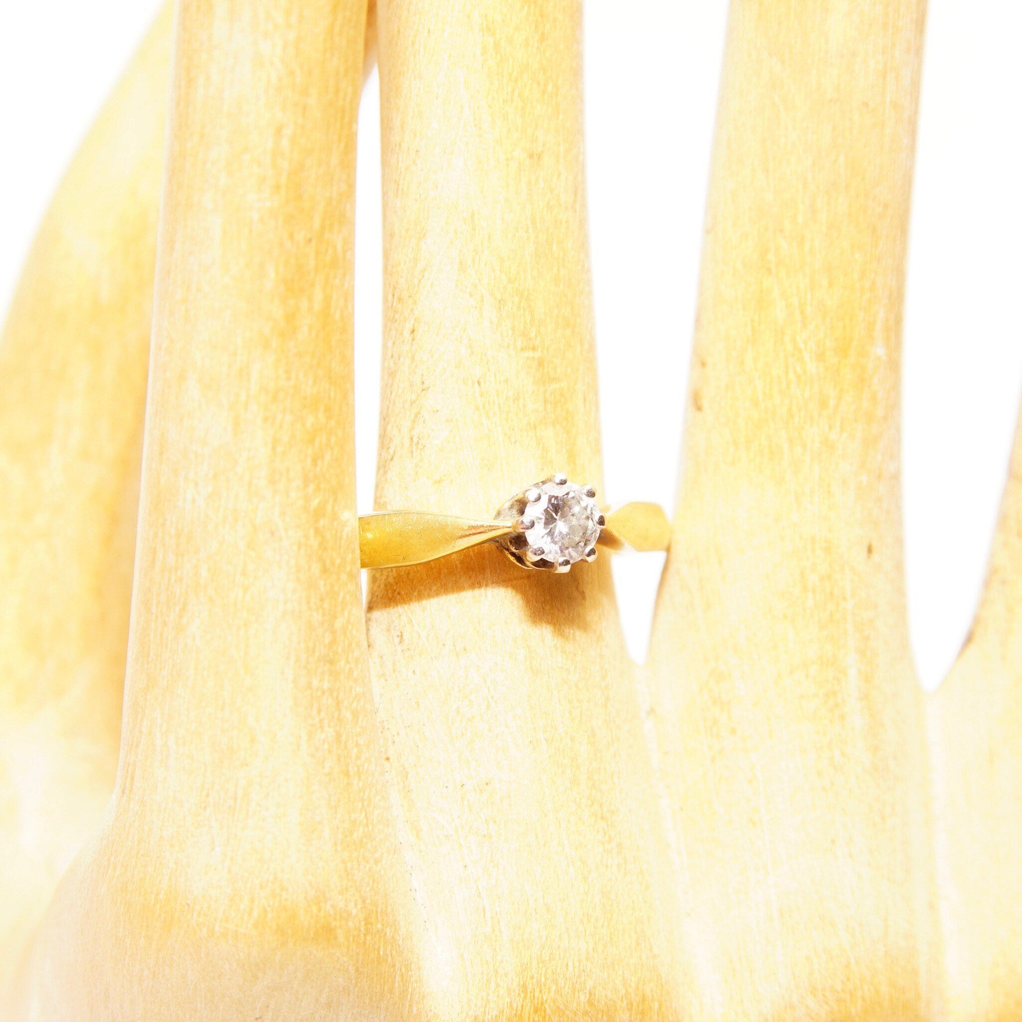 14K Brilliant Diamond Solitaire Ring, Pinched Yellow Gold Shank, .25 CT Diamond Engagement Ring, Size 6 1/4 US