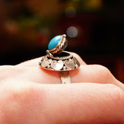 Vintage TAXCO Sterling Silver Turquoise Poison/Coffin Ring, Embellished Silver Dome W/ Secret Compartment, Bezel Set Hinge Lid, Adjustable