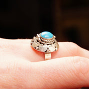 Vintage TAXCO Sterling Silver Turquoise Poison/Coffin Ring, Embellished Silver Dome W/ Secret Compartment, Bezel Set Hinge Lid, Adjustable