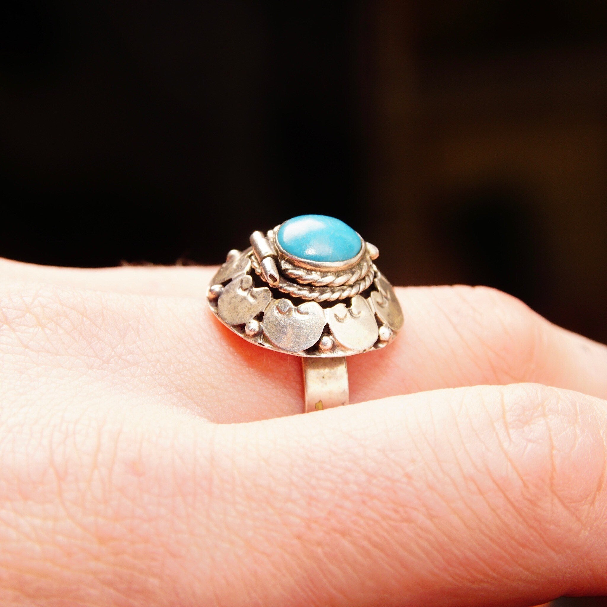 Vintage TAXCO Sterling Silver Turquoise Poison/Coffin Ring, Embellished Silver Dome W/ Secret Compartment, Bezel Set Hinge Lid, Adjustable