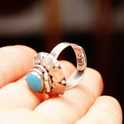 Vintage TAXCO Sterling Silver Turquoise Poison/Coffin Ring, Embellished Silver Dome W/ Secret Compartment, Bezel Set Hinge Lid, Adjustable