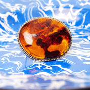 Vintage Silver Honey Amber Brooch, Large Natural Fossilized Amber, Amazing Inclusions, Oval Silver Ribbon Setting,