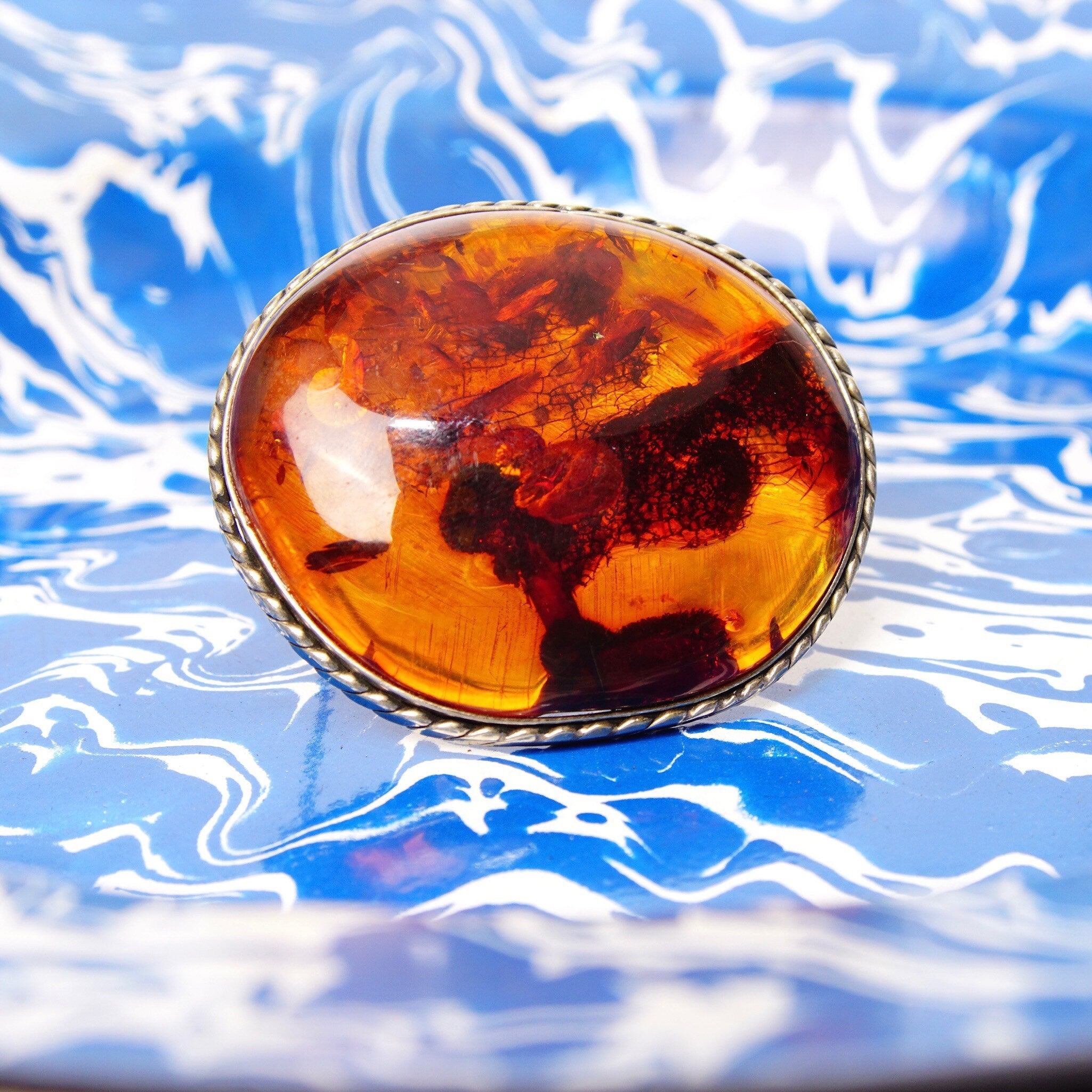 Vintage Silver Honey Amber Brooch, Large Natural Fossilized Amber, Amazing Inclusions, Oval Silver Ribbon Setting,