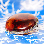 Vintage Silver Honey Amber Brooch, Large Natural Fossilized Amber, Amazing Inclusions, Oval Silver Ribbon Setting,