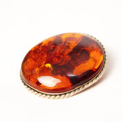 Vintage Silver Honey Amber Brooch, Large Natural Fossilized Amber, Amazing Inclusions, Oval Silver Ribbon Setting,