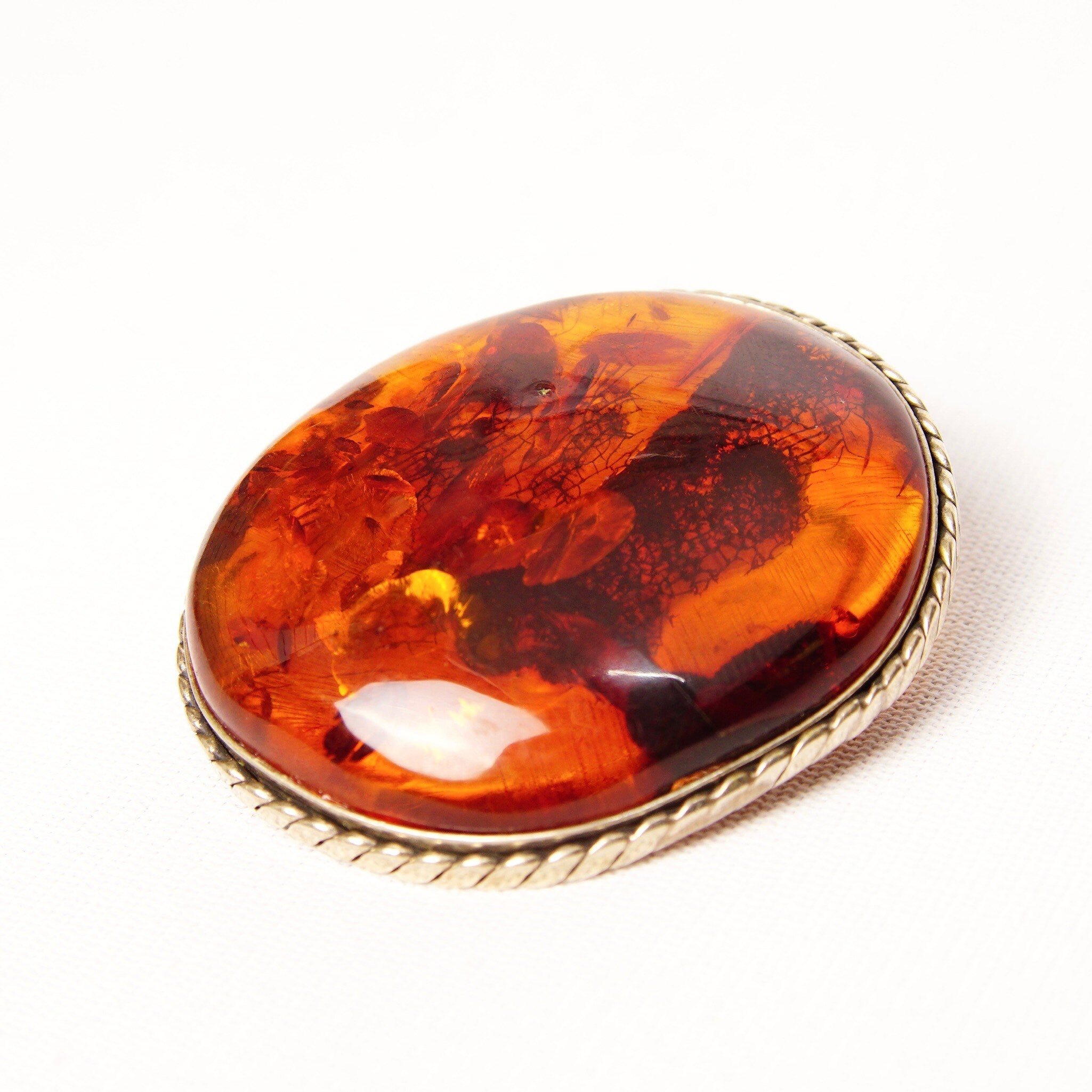 Vintage Silver Honey Amber Brooch, Large Natural Fossilized Amber, Amazing Inclusions, Oval Silver Ribbon Setting,