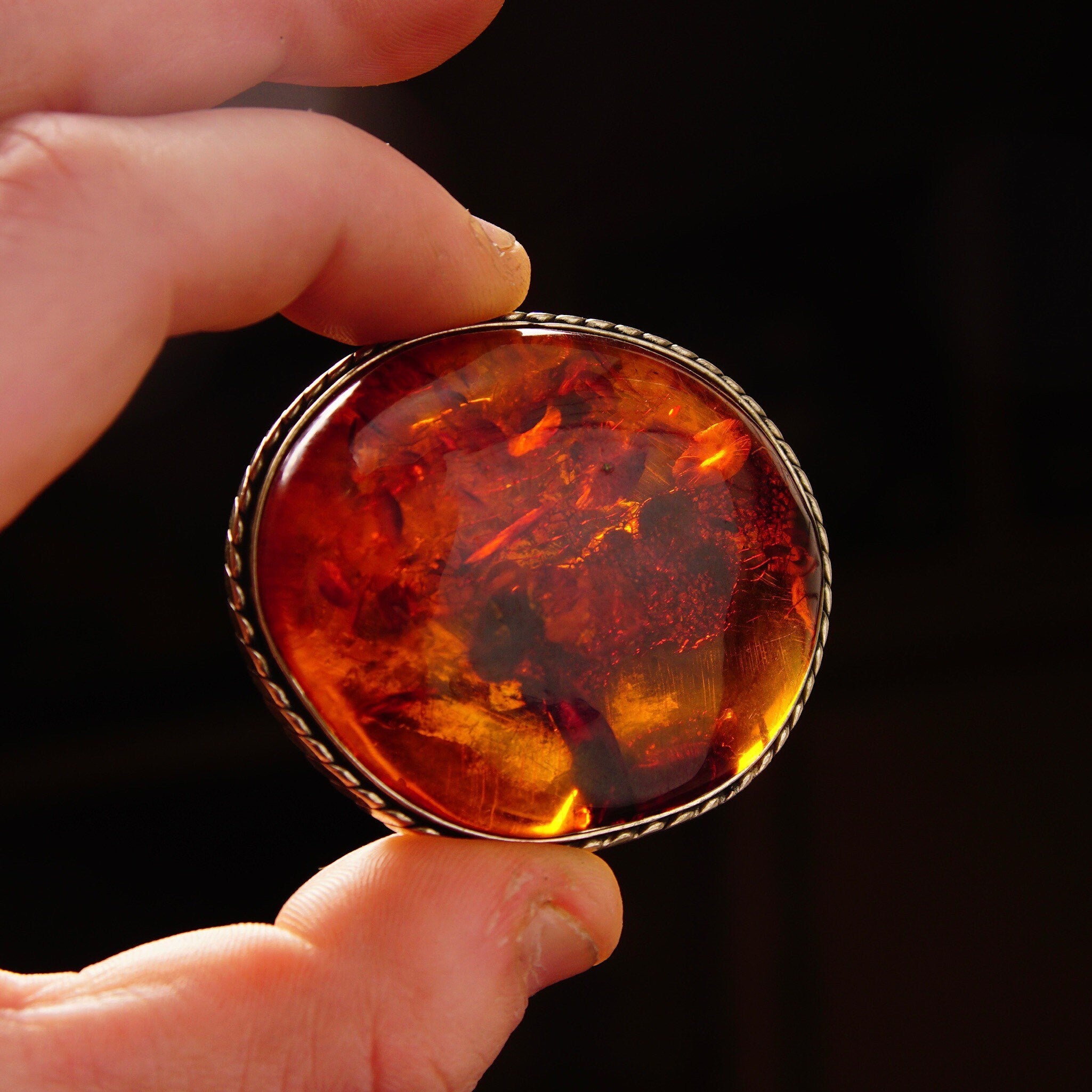 Vintage Silver Honey Amber Brooch, Large Natural Fossilized Amber, Amazing Inclusions, Oval Silver Ribbon Setting,