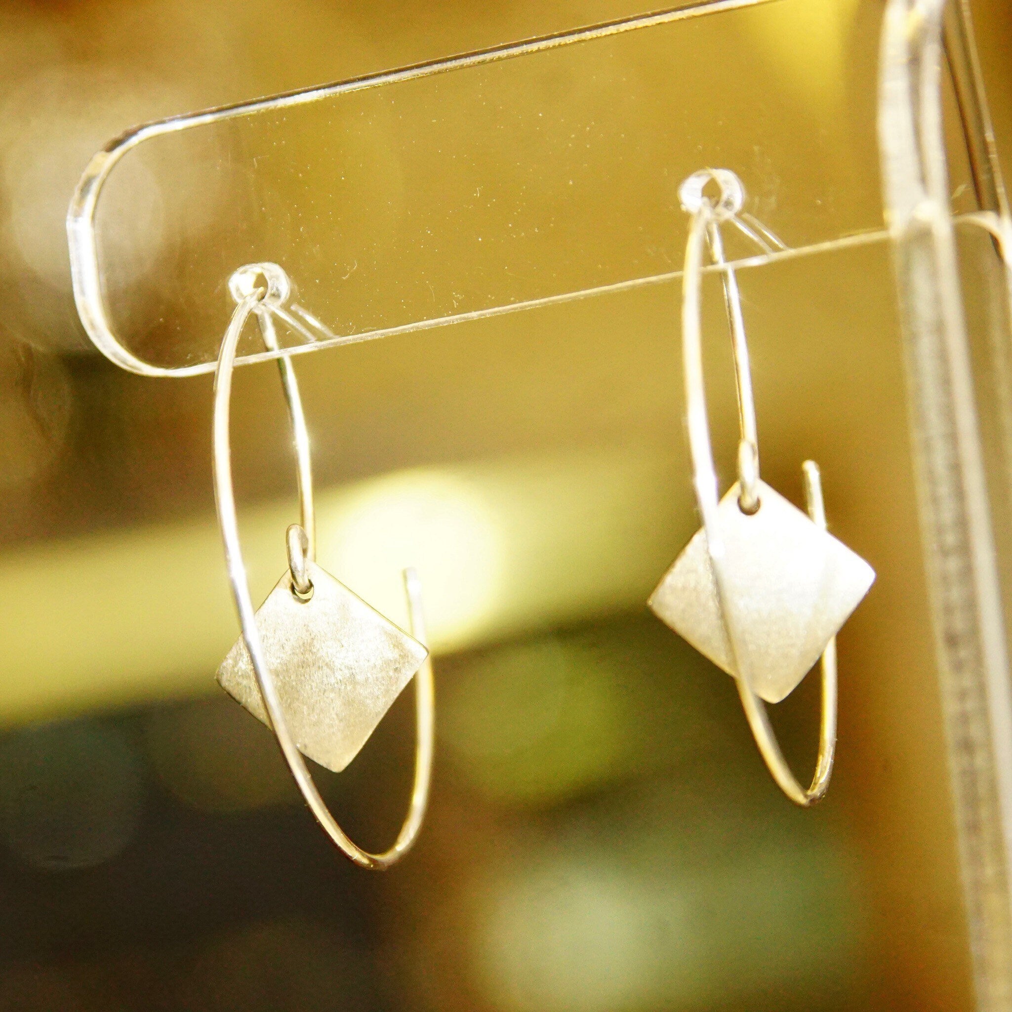 Vintage Minimalist Sterling Silver Threader Wire Hoop Earrings, Dangling Silver Diamond Charm, Hallmarked, 925 Threader Hoops, 1 1/2"
