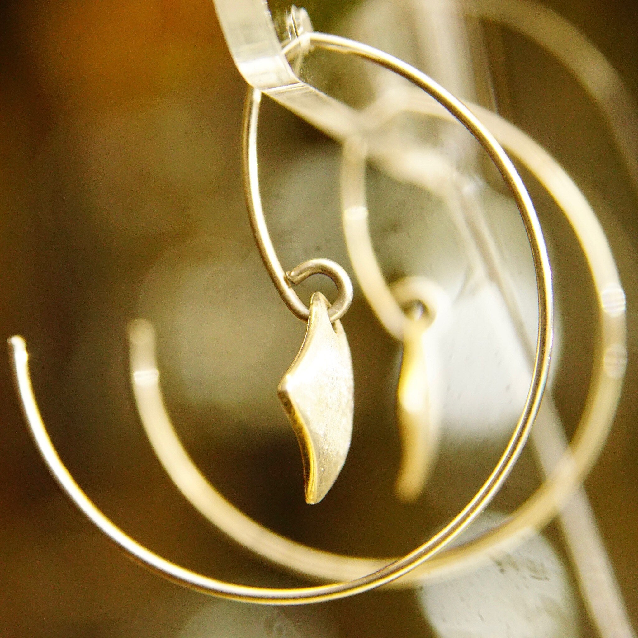 Vintage Minimalist Sterling Silver Threader Wire Hoop Earrings, Dangling Silver Diamond Charm, Hallmarked, 925 Threader Hoops, 1 1/2"