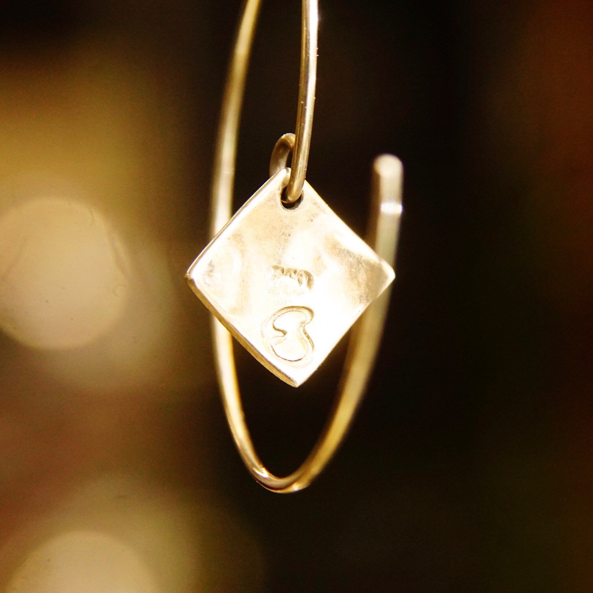 Vintage Minimalist Sterling Silver Threader Wire Hoop Earrings, Dangling Silver Diamond Charm, Hallmarked, 925 Threader Hoops, 1 1/2"