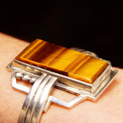 Vintage TAXCO Sterling Silver Tigers Eye Cuff Bracelet, Modernist Cuff, Polished Rectangular Gemstone, Engraved Mexico 925, 5 1/8" L