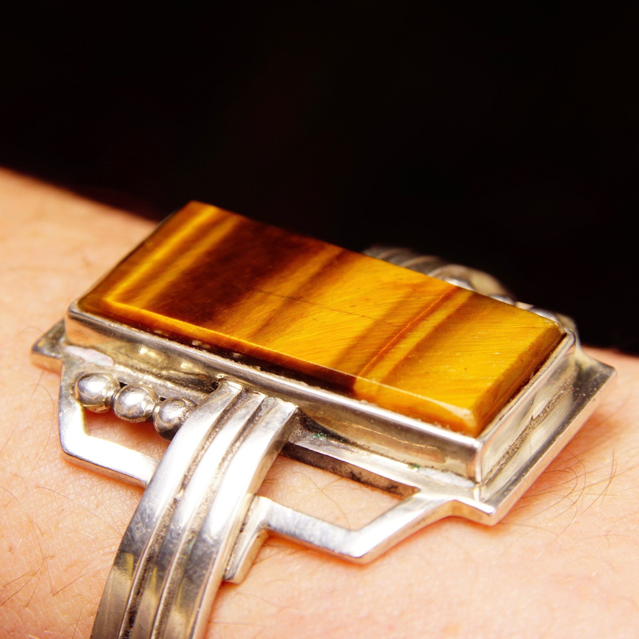 Vintage TAXCO Sterling Silver Tigers Eye Cuff Bracelet, Modernist Cuff, Polished Rectangular Gemstone, Engraved Mexico 925, 5 1/8" L