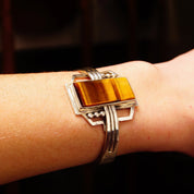 Vintage TAXCO Sterling Silver Tigers Eye Cuff Bracelet, Modernist Cuff, Polished Rectangular Gemstone, Engraved Mexico 925, 5 1/8" L