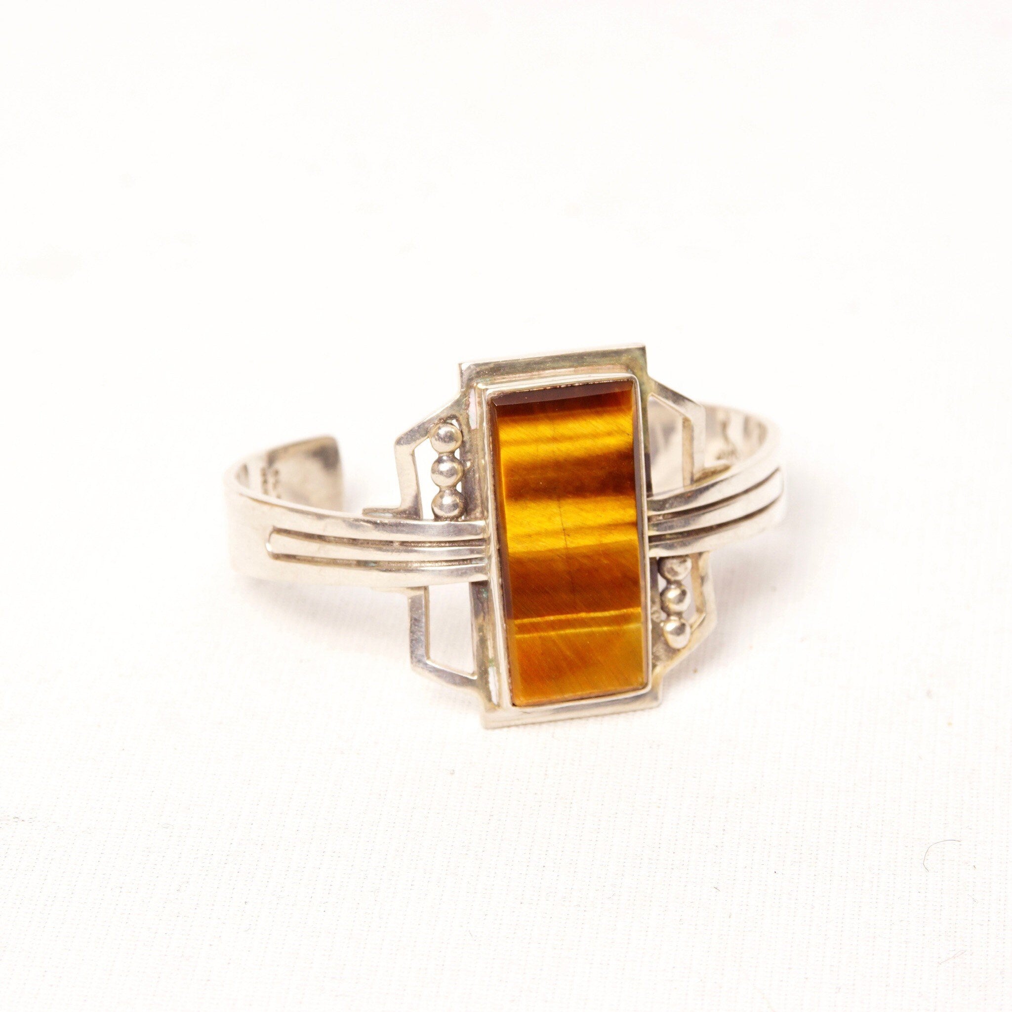 Vintage TAXCO Sterling Silver Tigers Eye Cuff Bracelet, Modernist Cuff, Polished Rectangular Gemstone, Engraved Mexico 925, 5 1/8" L