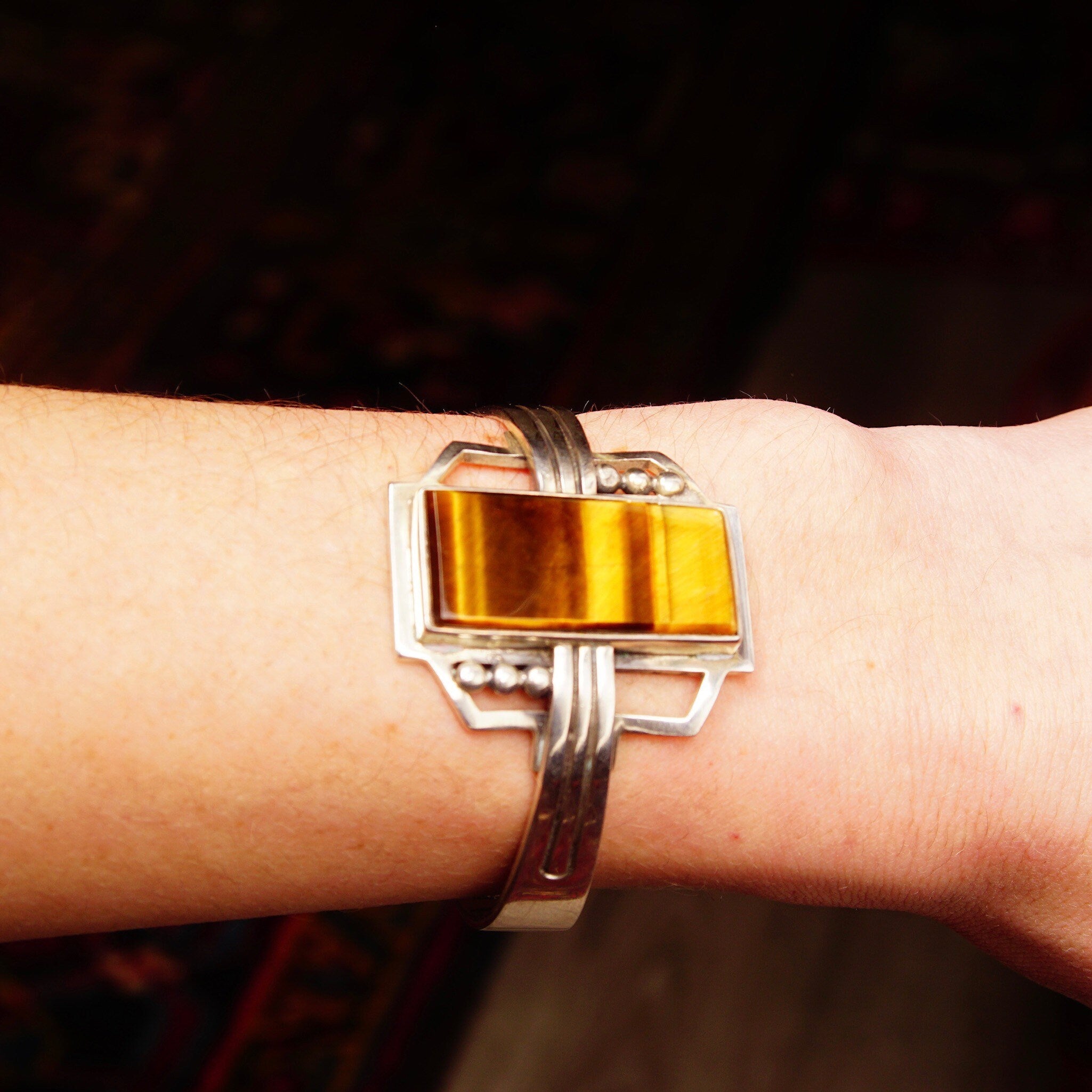 Vintage TAXCO Sterling Silver Tigers Eye Cuff Bracelet, Modernist Cuff, Polished Rectangular Gemstone, Engraved Mexico 925, 5 1/8" L
