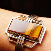 Vintage TAXCO Sterling Silver Tigers Eye Cuff Bracelet, Modernist Cuff, Polished Rectangular Gemstone, Engraved Mexico 925, 5 1/8" L