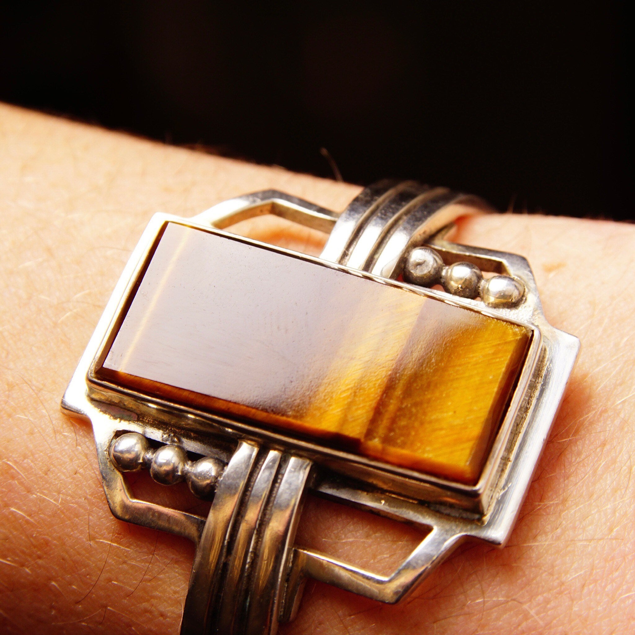 Vintage TAXCO Sterling Silver Tigers Eye Cuff Bracelet, Modernist Cuff, Polished Rectangular Gemstone, Engraved Mexico 925, 5 1/8" L