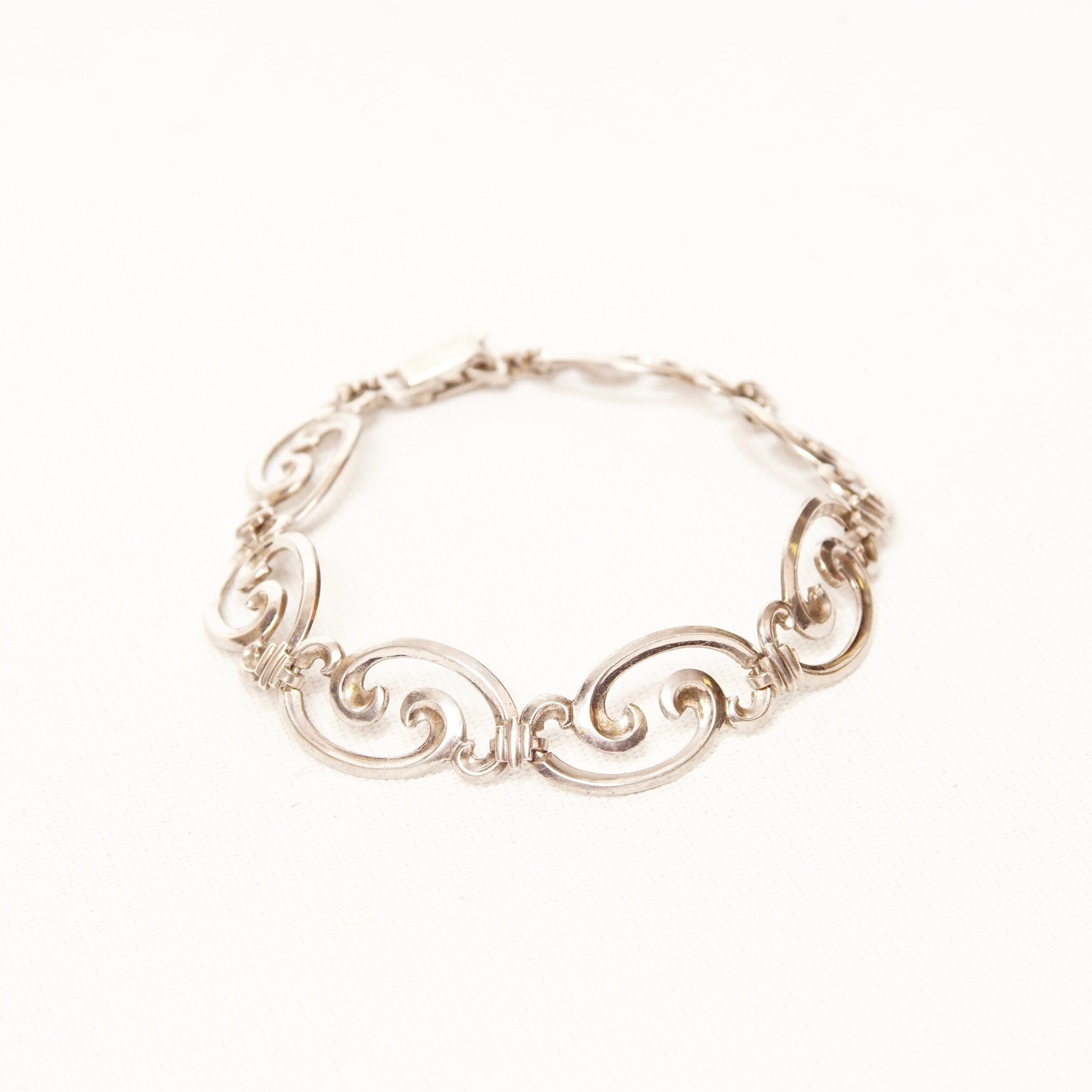 Vintage WRE Sterling Silver Scroll Link Bracelet, W.E Richards, Embellished Silver Bracelet, Art Deco/Nouveau Style, 925 Jewelry, 7 1/4" L