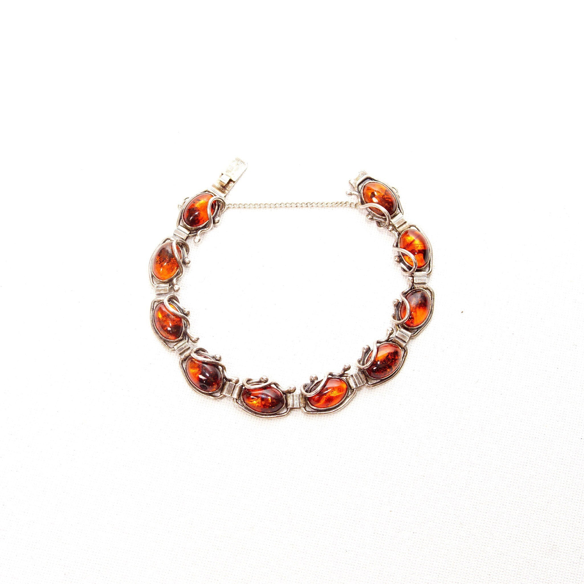 Vintage Sterling Silver Amber Link Bracelet, 10 Gorgeous Amber Cabochons W/ Inclusions, Vine Embellishments, Bohemian 925 Jewelry, 7" L