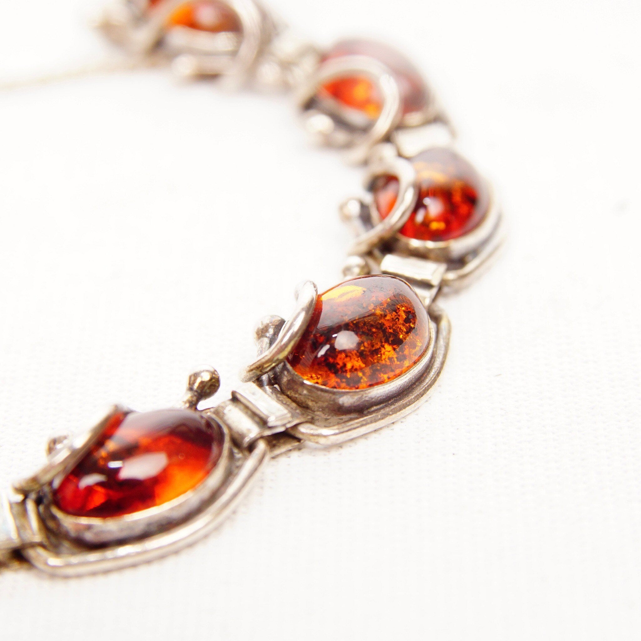 Vintage Sterling Silver Amber Link Bracelet, 10 Gorgeous Amber Cabochons W/ Inclusions, Vine Embellishments, Bohemian 925 Jewelry, 7" L