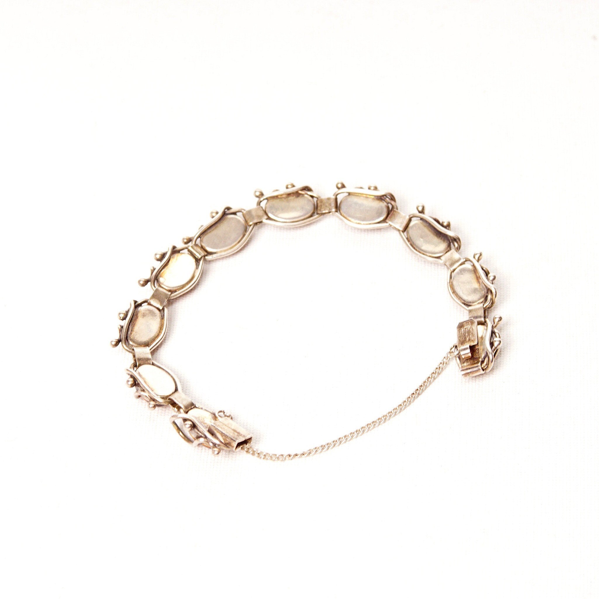 Vintage Sterling Silver Amber Link Bracelet, 10 Gorgeous Amber Cabochons W/ Inclusions, Vine Embellishments, Bohemian 925 Jewelry, 7" L