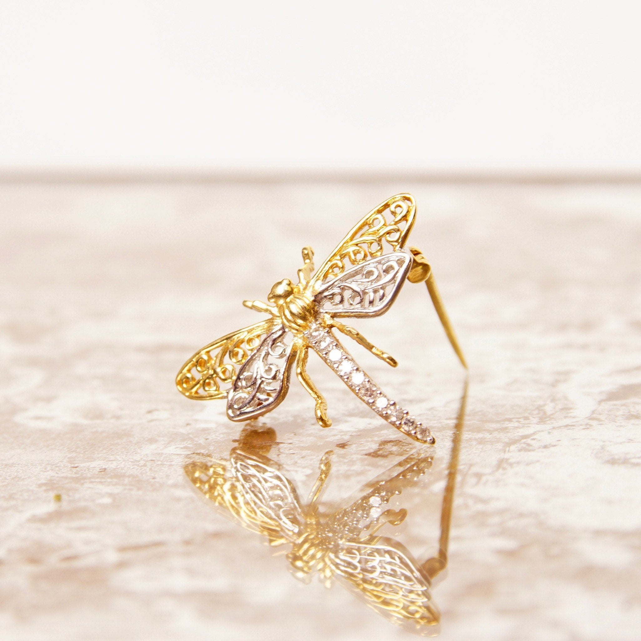 Vintage 14K White & Yellow Gold Diamond Dragonfly Brooch Pin, 10-Diamond Pave, Filigree Wings, Hinged Necklace Loops, 585 Jewelry, 1 1/8" W