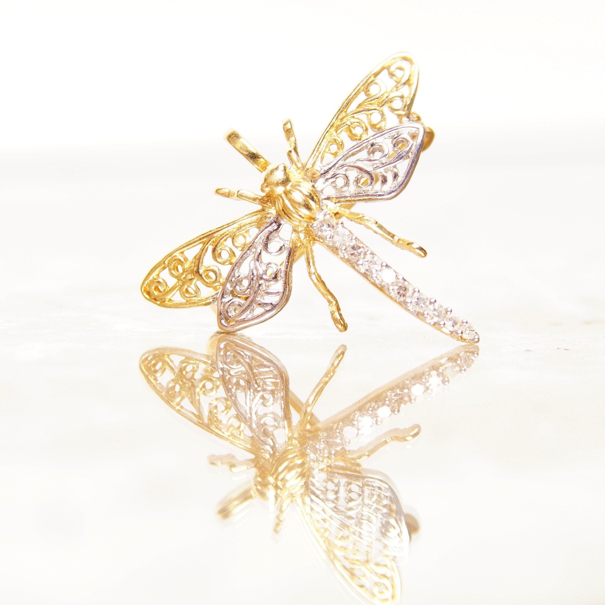 Vintage 14K White & Yellow Gold Diamond Dragonfly Brooch Pin, 10-Diamond Pave, Filigree Wings, Hinged Necklace Loops, 585 Jewelry, 1 1/8" W