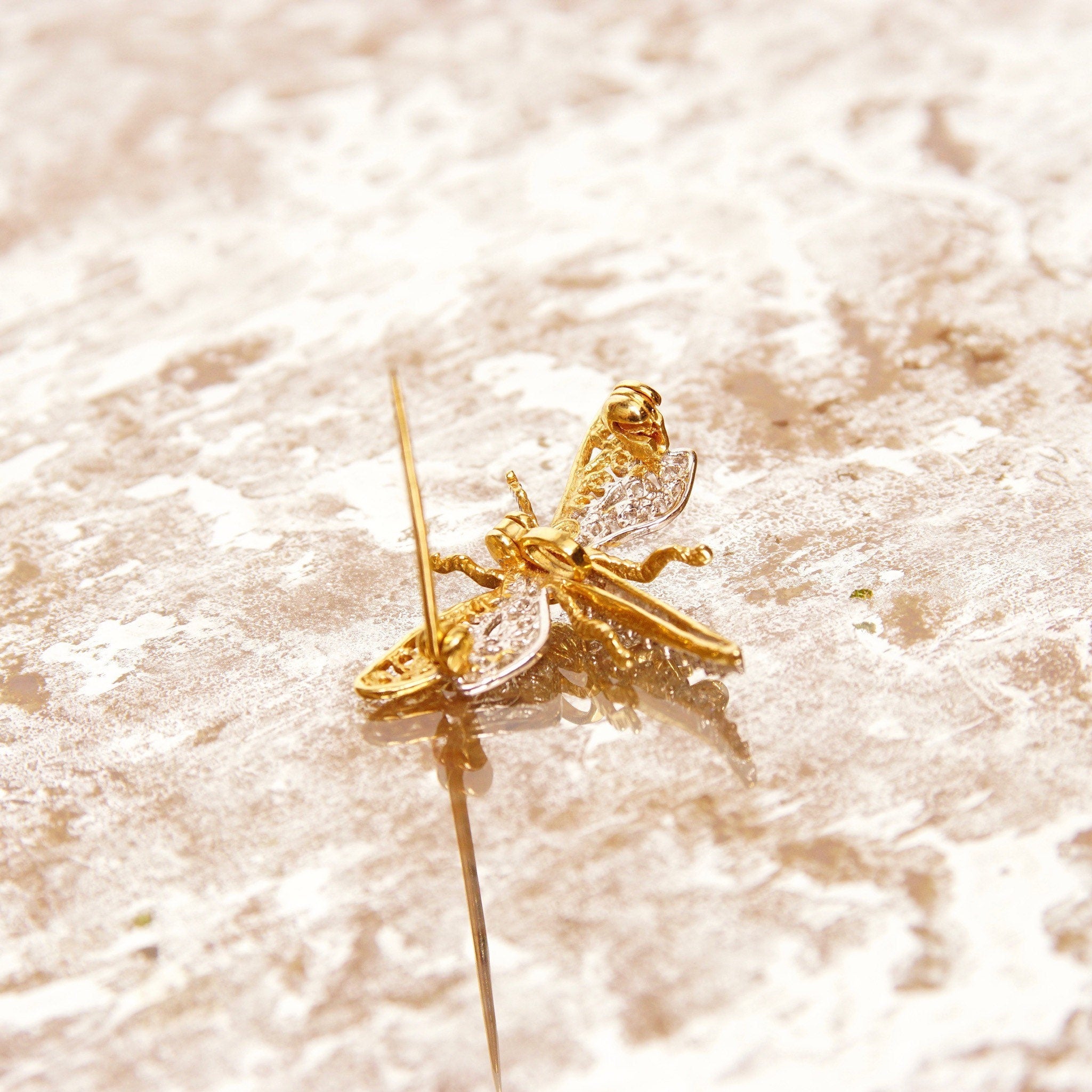 Vintage 14K White & Yellow Gold Diamond Dragonfly Brooch Pin, 10-Diamond Pave, Filigree Wings, Hinged Necklace Loops, 585 Jewelry, 1 1/8" W