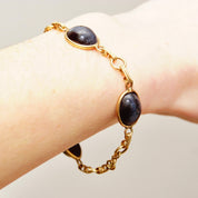 Vintage Art Deco 10K GF Black/Blue Cat's Eye Cabochon Link Bracelet, Chatoyant Glass Gemstones, Yellow Gold Links, Scarab Style, 7 3/4" L