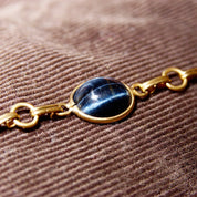Vintage Art Deco 10K GF Black/Blue Cat's Eye Cabochon Link Bracelet, Chatoyant Glass Gemstones, Yellow Gold Links, Scarab Style, 7 3/4" L