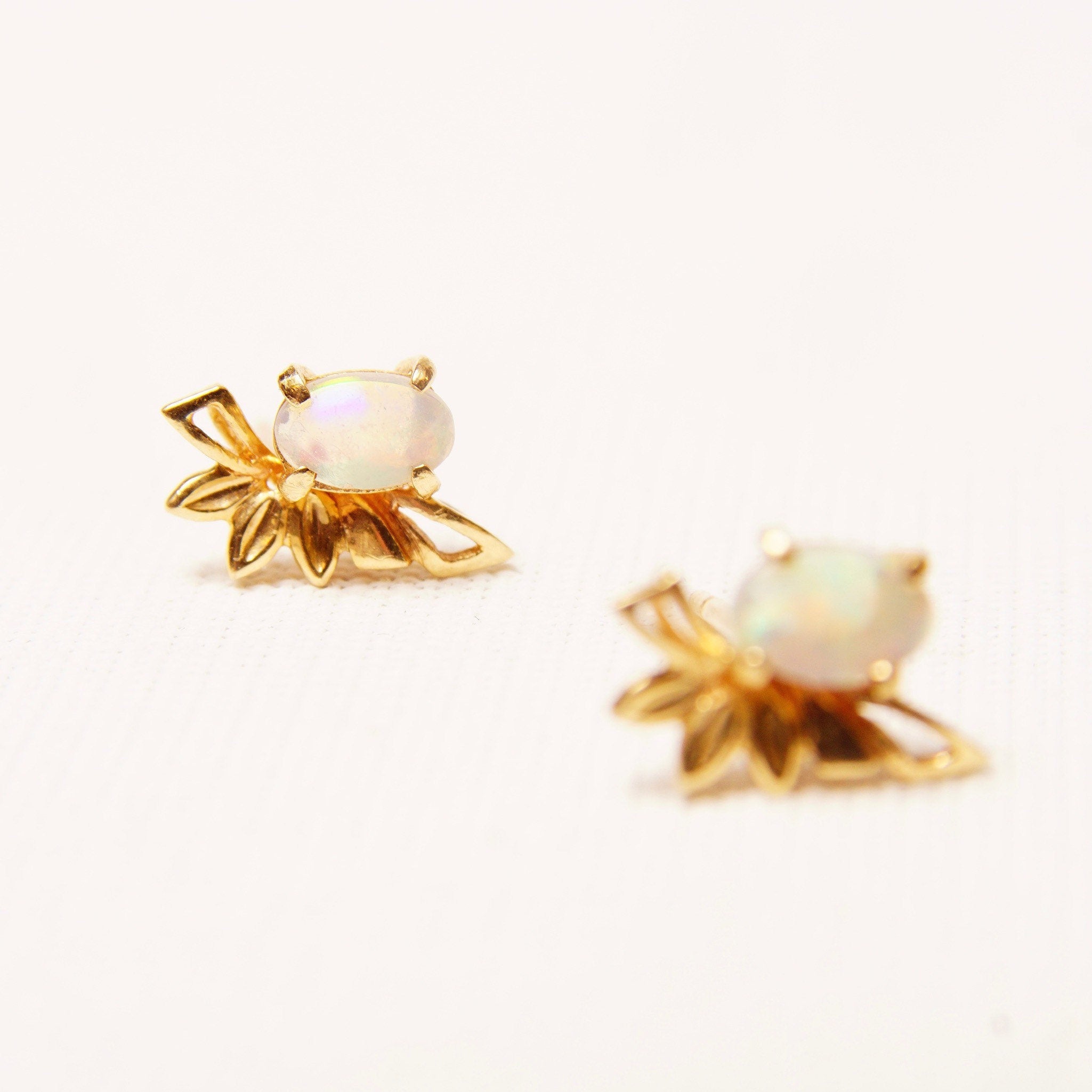 14K Opal Stud Earrings, Winged Yellow Gold Embellishment, Petite Opal Cabochons, Mini Gemstone Studs, 12mm