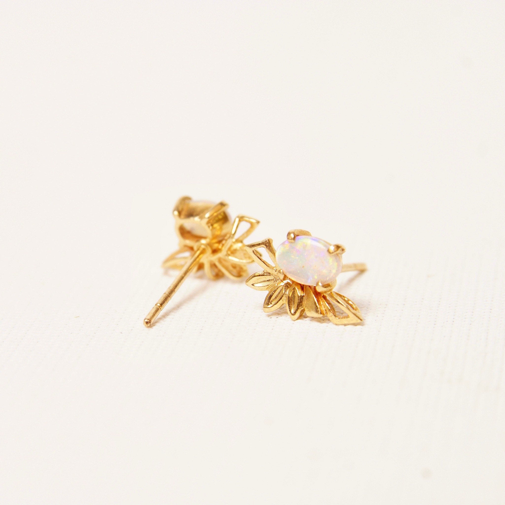 14K Opal Stud Earrings, Winged Yellow Gold Embellishment, Petite Opal Cabochons, Mini Gemstone Studs, 12mm
